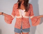 Pink Floral Semi Sheer Blouse XS S M Crochet Trim Boho Kimono Hippie Gypsy Club Kid Acid Bohemian Salmon Hipster Festival Wear