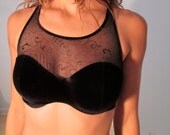 Black Velvet Hi Neck Crop Top Bralet 34C S M Vintage 90s Boho Hippie Gypsy Club Kid Goth Acid Grunge Psychedelic Paisley Burnout Festival