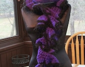 Hat and Scarf Ruffle Style Set Crocheted in Purple and Black with Texture
