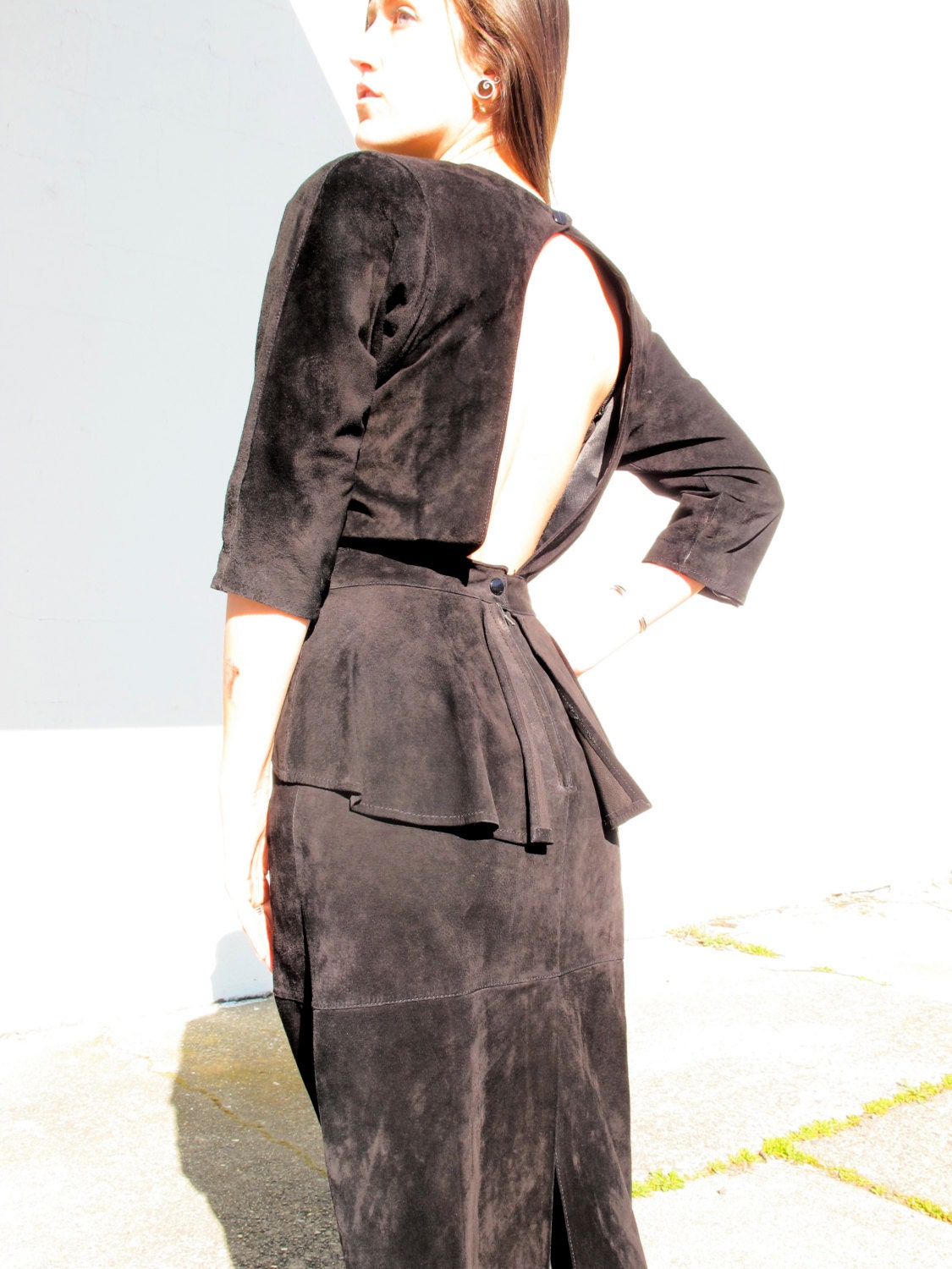 1980s SUEDE PEPLUM Dress backless keyhole Black  // size LARGE