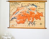 Rare Vintage Pull Down Map, Switzerland, Hand Painted School Chart