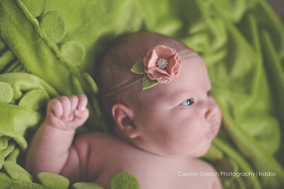 Vintage Pink Felt Flower Headband with Crystal Rhinestone Accent- Flower Headband or Hair Clip
