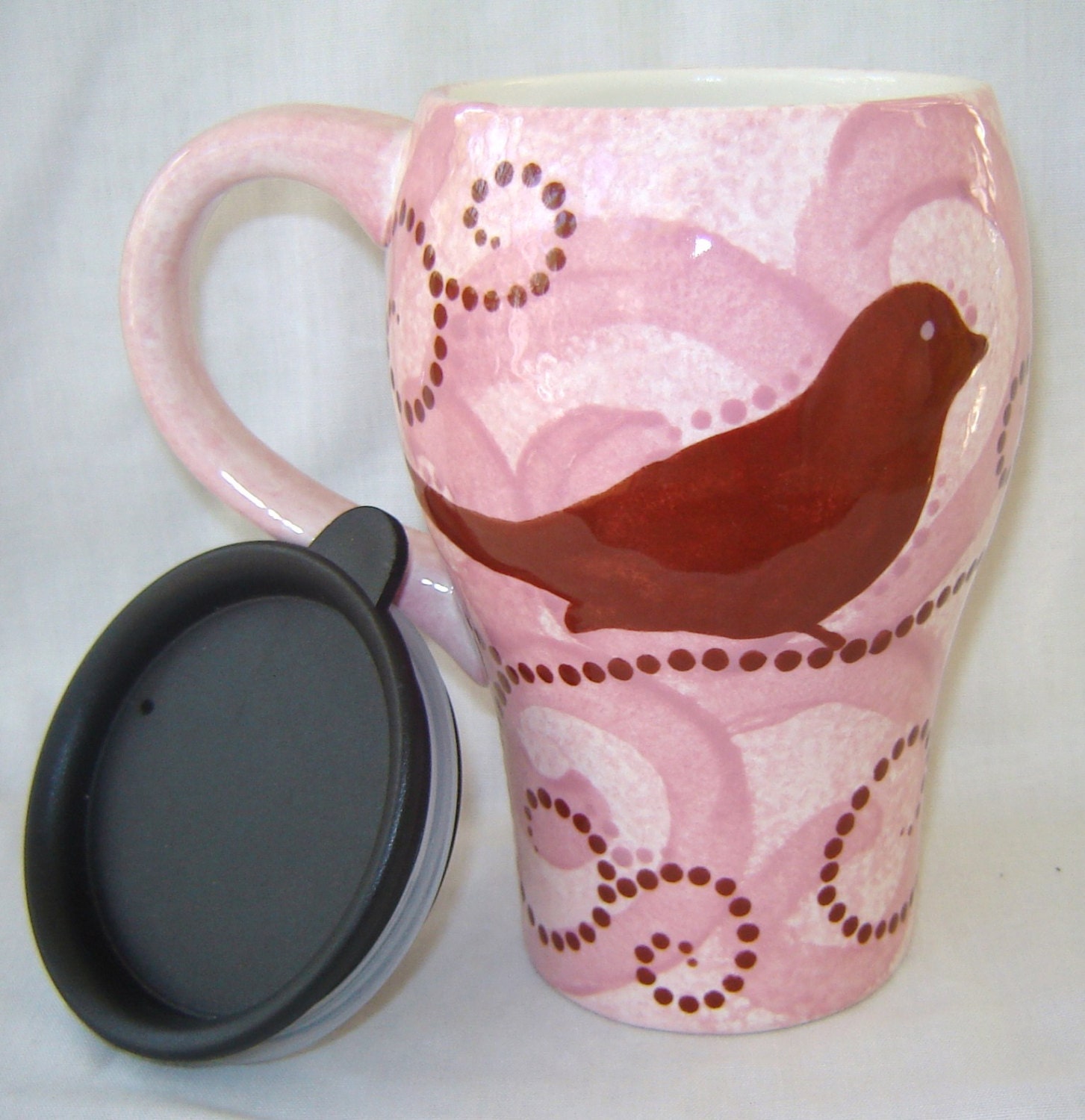 Large Ceramic Coffee Travel Mug w/lid  - Bird and Swirls - Pink and Brown