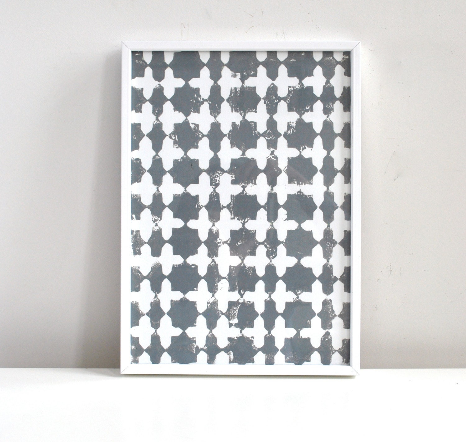 Grey and white star patterned linocut art print, handmade original art, monochrome.