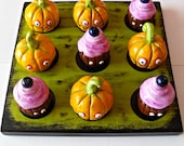 Classic Board Game - Halloween Game - Tic Tac Toe - Mad Pumpkins Vs. Monstrous Blueberry Cupcakes -  OOAK
