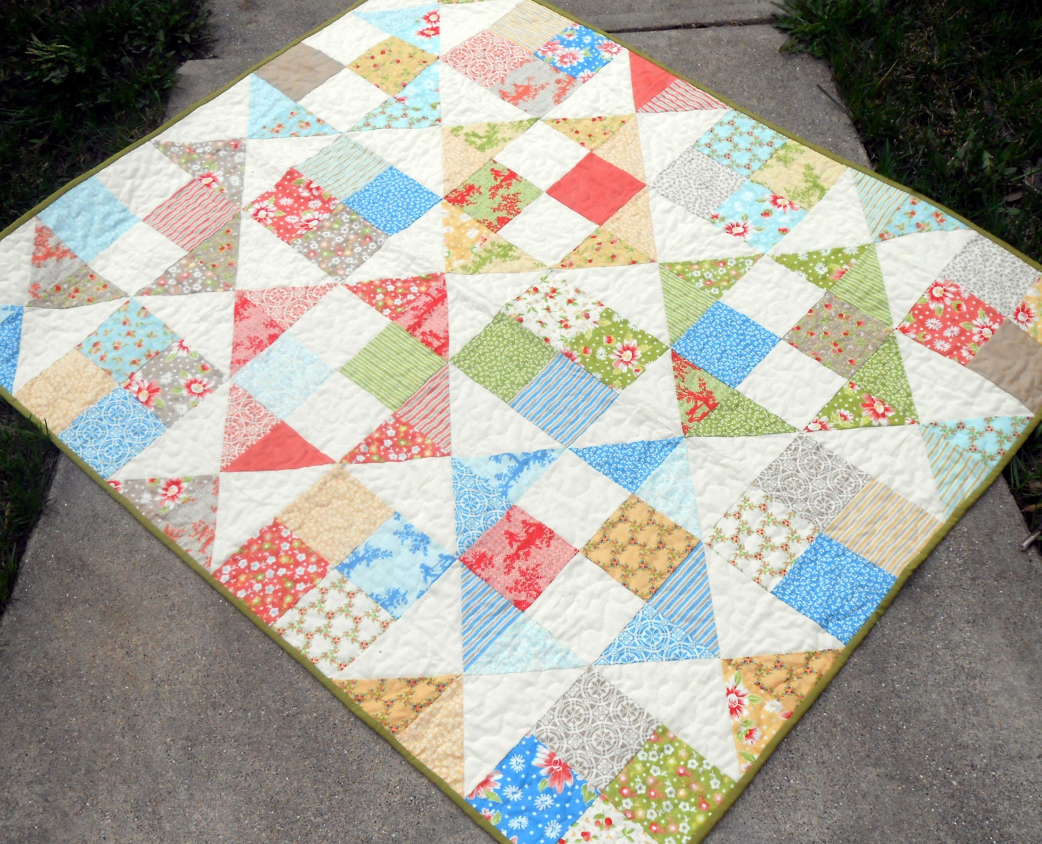 Baby Girl Patchwork Quilt in peach, blue, green, cream, and pale yellow - Ready to Ship