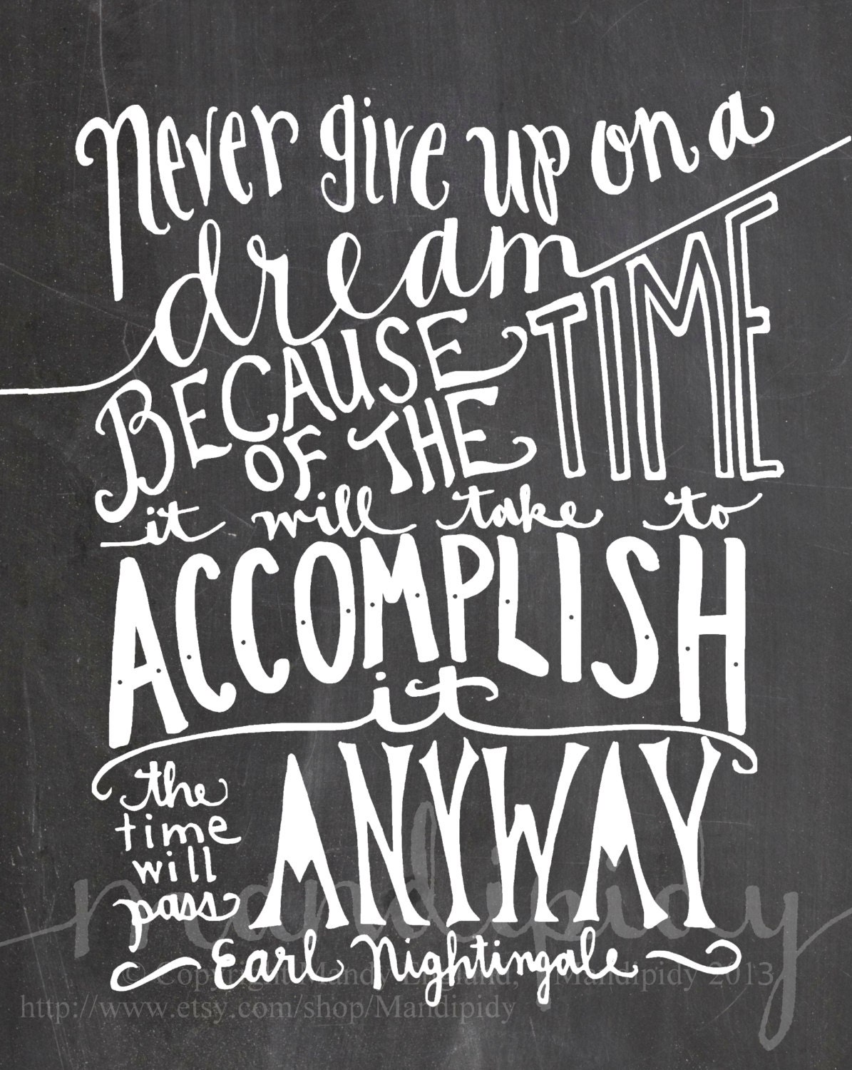 Never Give Up On A Dream - Vintage Chalkboard Typography - 8x10 Illustrated Print by Mandipidy