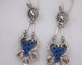 Repurposed Vintage Rhinestone Earrings, Cut Steel Button, Dangle Earrings, Sterling Silver, Cobalt Blue, OOAK Handmade Assemblage Jewelry