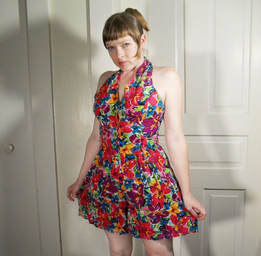 Vintage 1980s Cage Back Romper Onesie Halter Sun Dress