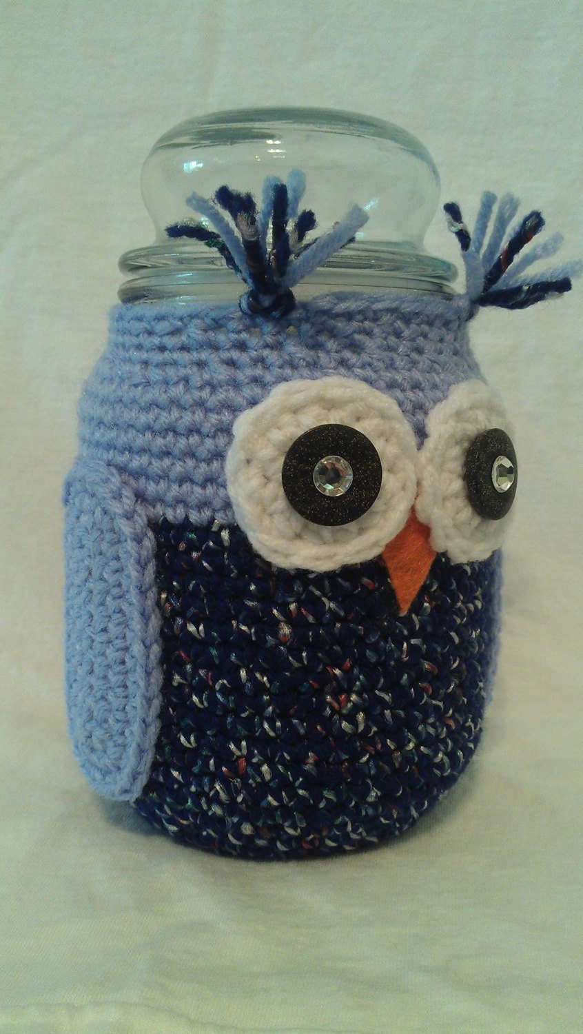 Crocheted Owl Jar in Blue Sprinkle