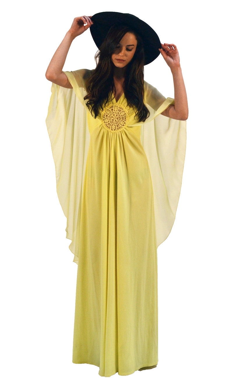 Vintage 70's Yellow Grecian Crochet Cutout Sheer Butterfly Batwing Sleeve Maxi Dress