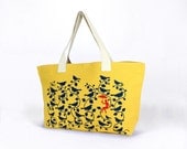 Yellow Cotton Canvas Tote - "Bird Party " Design In Navy & Red