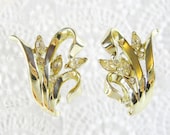Vintage Flower Bouquet Earrings, Navette Rhinestones, Gold Tone Leaves, Clip-ons, Designer CHAREL, 1940s 1950s Hollywood Regency Jewelry