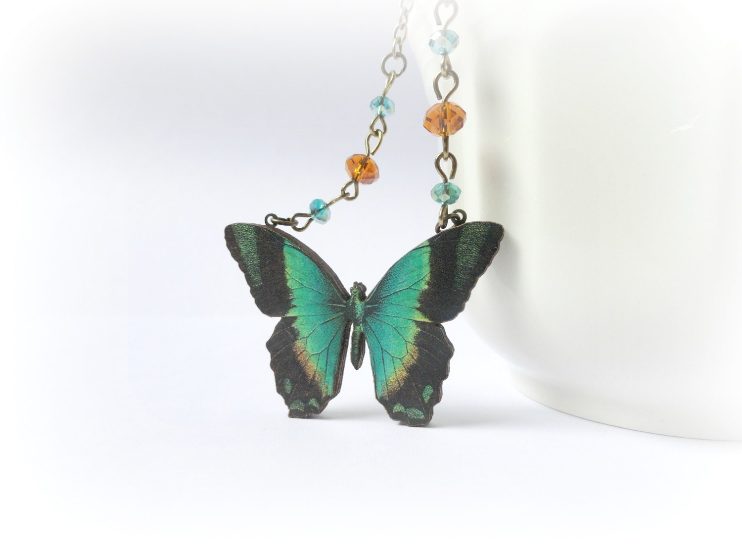 Emerald Butterfly necklace Wood pendant teal green brown caramel black wings Czech glass Gift for her Woodland jewelery Nature eco friendly