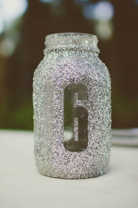 MASON JARS,TABLE Numbers Glittered Wedding Decor, Bridal Shower, Baby Shower