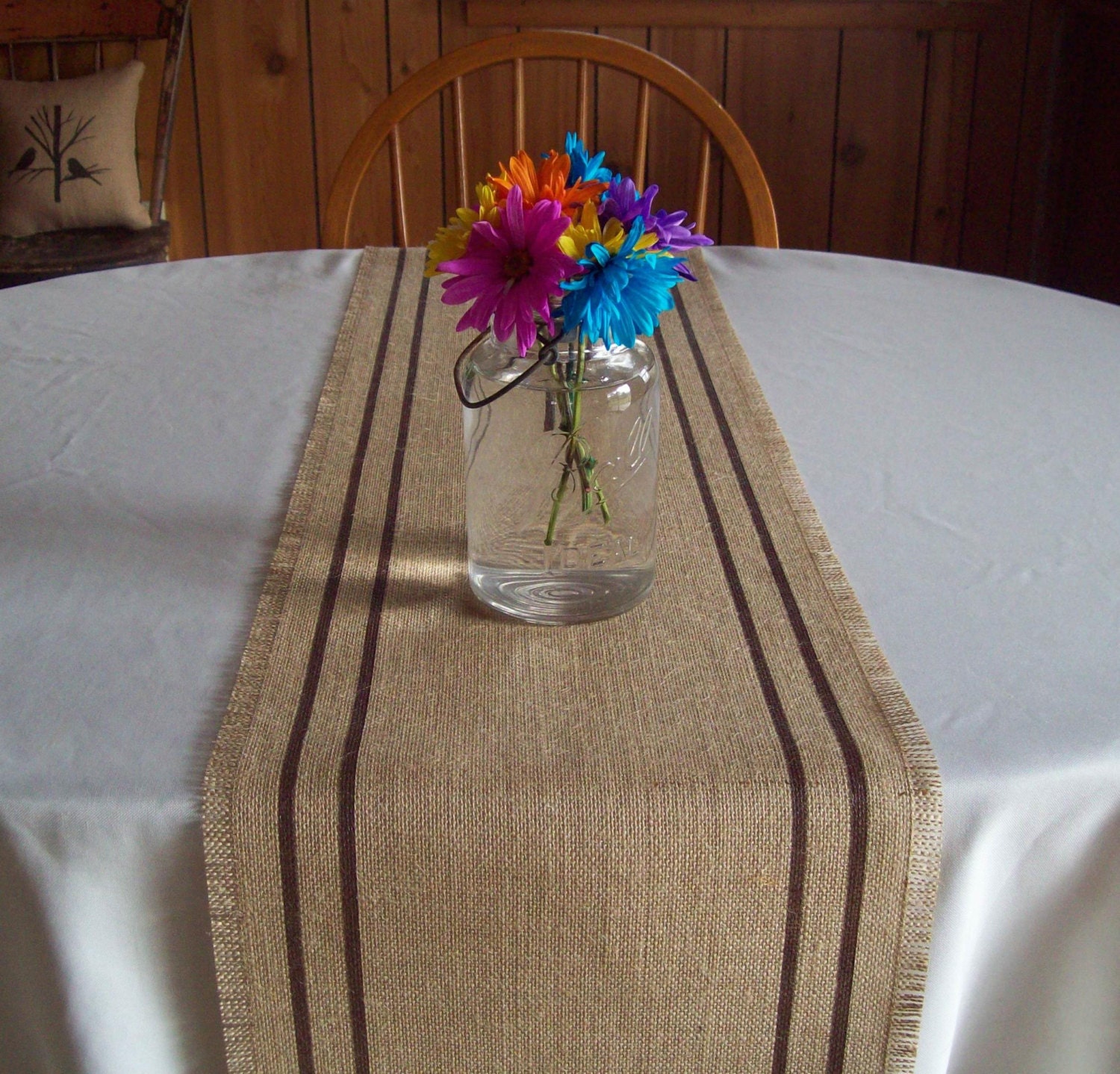 Burlap Table Runner 12 x 84 with Hand Painted Brown Double Stripes or Choose Your Own Colors - Rustic Table Runner