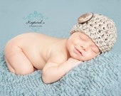 Newborn Baby Photography Prop Beanie Oatmeal with Coconut Button (also available in 1-3mos, 3-6mos, 6-12mos)