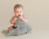 Open knit crochet mohair mini blanket - beautiful seafoam aqua color - lacy and delicate