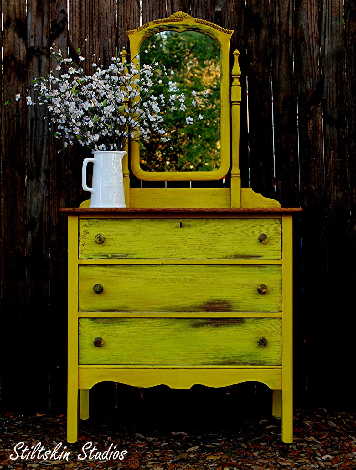 Sunshine Yellow Shabby Cottage Dresser Cheval Mirror