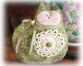 Cat Pillow Doll, Cloth Doll 7 inch Green Print, Primitive Soft Sculpture Handmade CharlotteStyle Decorative Folk Art