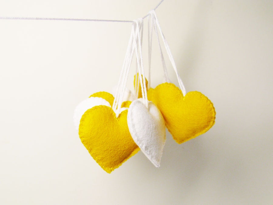 Set of 8 Felt Hearts - Yellow White - Handmade ornament gift - Eatser Wedding Birthday Party decoration - Home decors