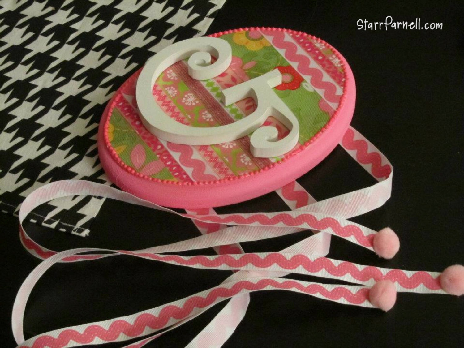Light Pinks and Greens Customized Ribbon Barrette Holder with Wood Monogram Initial