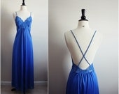 Vintage 70's Shadowline Nightgown Royal Blue Slip Dress. Full Slip. Size M/L