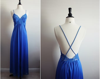 Vintage 70's Shadowline Nightgown Royal Blue Slip Dress. Full Slip. Size M/L