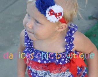 Fourth of July double shabby headband Royal blue/White with a bow embellishment. Infant, toddler, child sizes