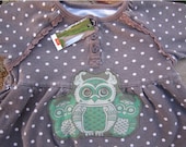 Owl Polka Dot Baby Dress - Three Green Owlets Upcycled on Light Brown - 6-9 Mos