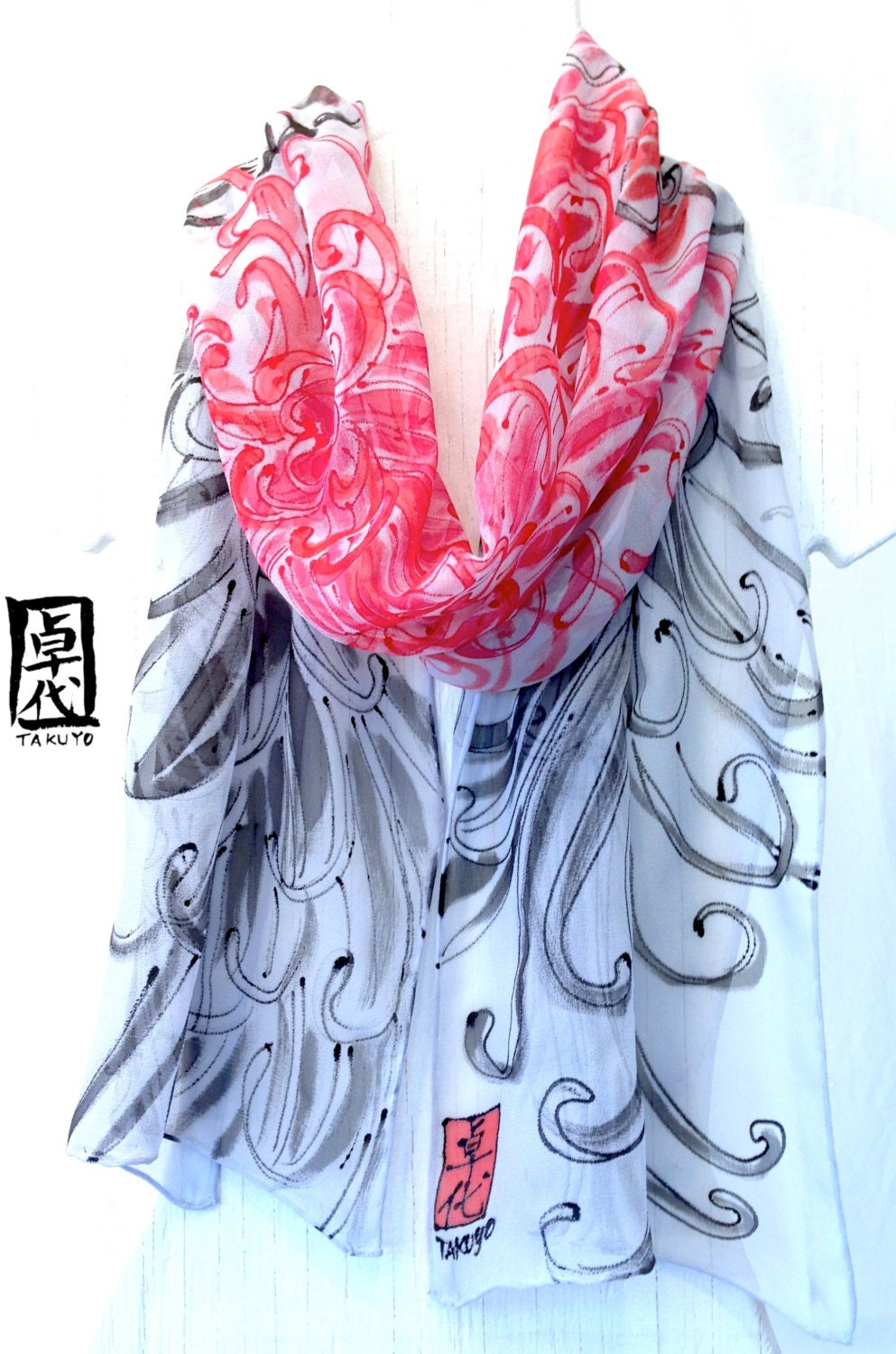 Hand Painted Chrysanthemums Black Red Floral Scarf. Gray Silk Scarf, Silk Chiffon Scarf. Japanese Scarf. 13x68 in. Made to order.
