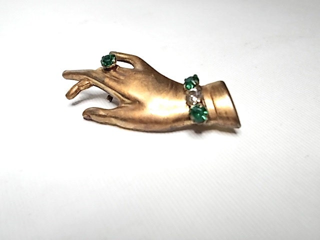 Vintage Victorian Hand Pin Emerald and White Rhinestones 1950s Reproduction