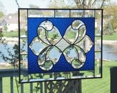 Victorian bevel cluster stained glass panel window dark blue stained glass window panel window hanging amber  transom