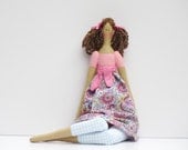 Fabric doll cute stuffed doll cloth doll brunette in pink blue paisley rag doll -  textile doll bithday gift for girls, Mothers day gift