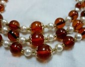 Vintage 60s Amber & Pearl Triple Strand Beads