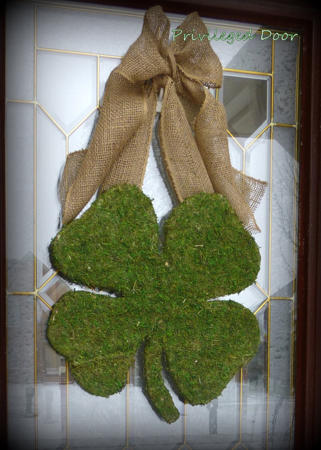 St. Patricks Day Wreath - XL Moss Shamrock - Moss Covered Wood Shamrock with Rustic Burlap Bow. NEW Original.