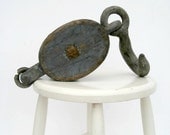 Large Wooden Pulley with Huge Cast Steel Hook - Distressed Gray Blue Paint - Copper Tag  - Rustic Barn Find