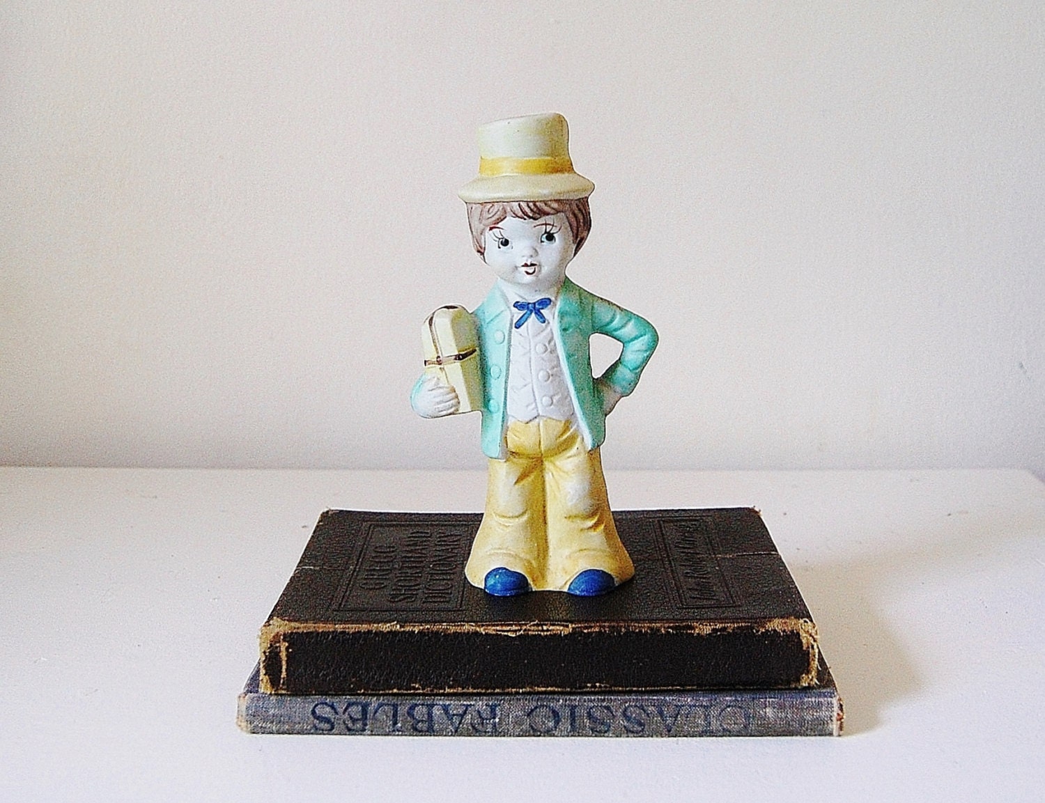 Boy Porcelain Figurine In Teal And Yellow Suit With  Top Hat