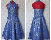 Vintage 1950's Blue and Gold Atomic Circle Skirt and Halter Top S/M