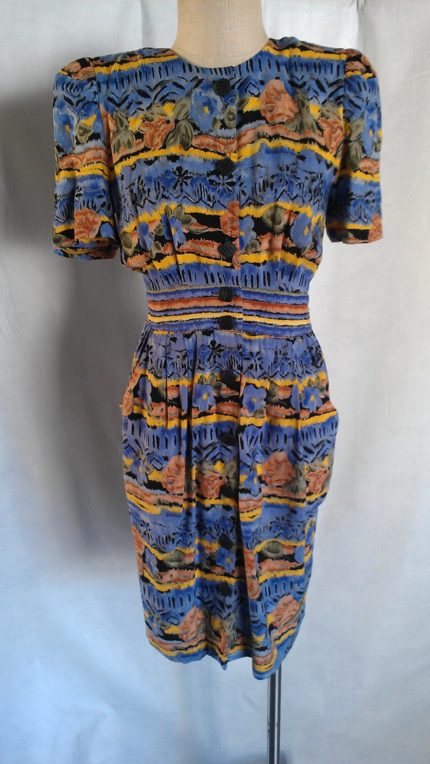1980's Vintage Blue & Yellow Striped Dress