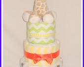 Fun 3 Tier Neutral Baby Jungle Themed Dipaer Cake-Great Shower Centerpiece