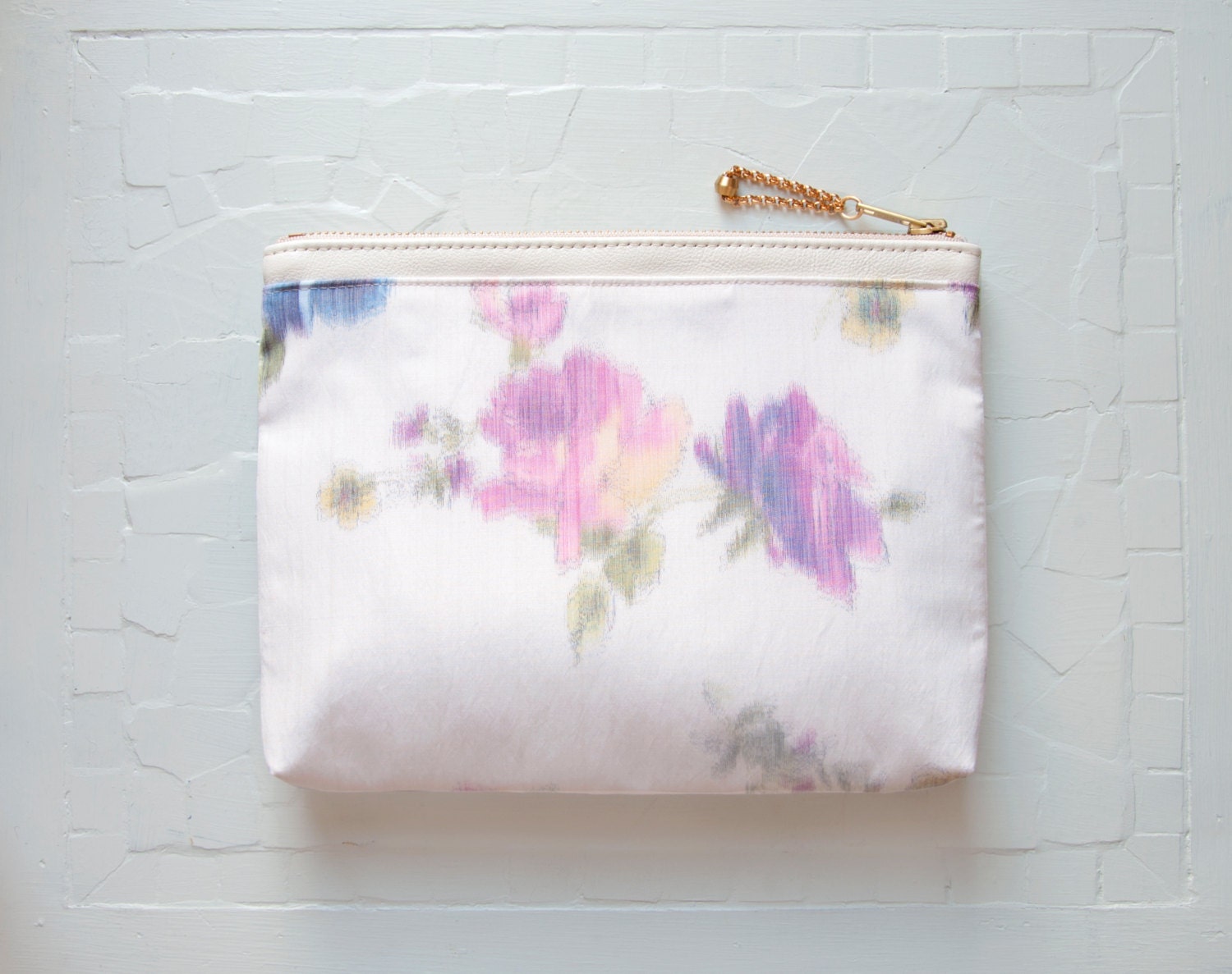 WATERCOLOR Pastel Clutch. Floral Cosmetic Bag. Large Make Up Bag.