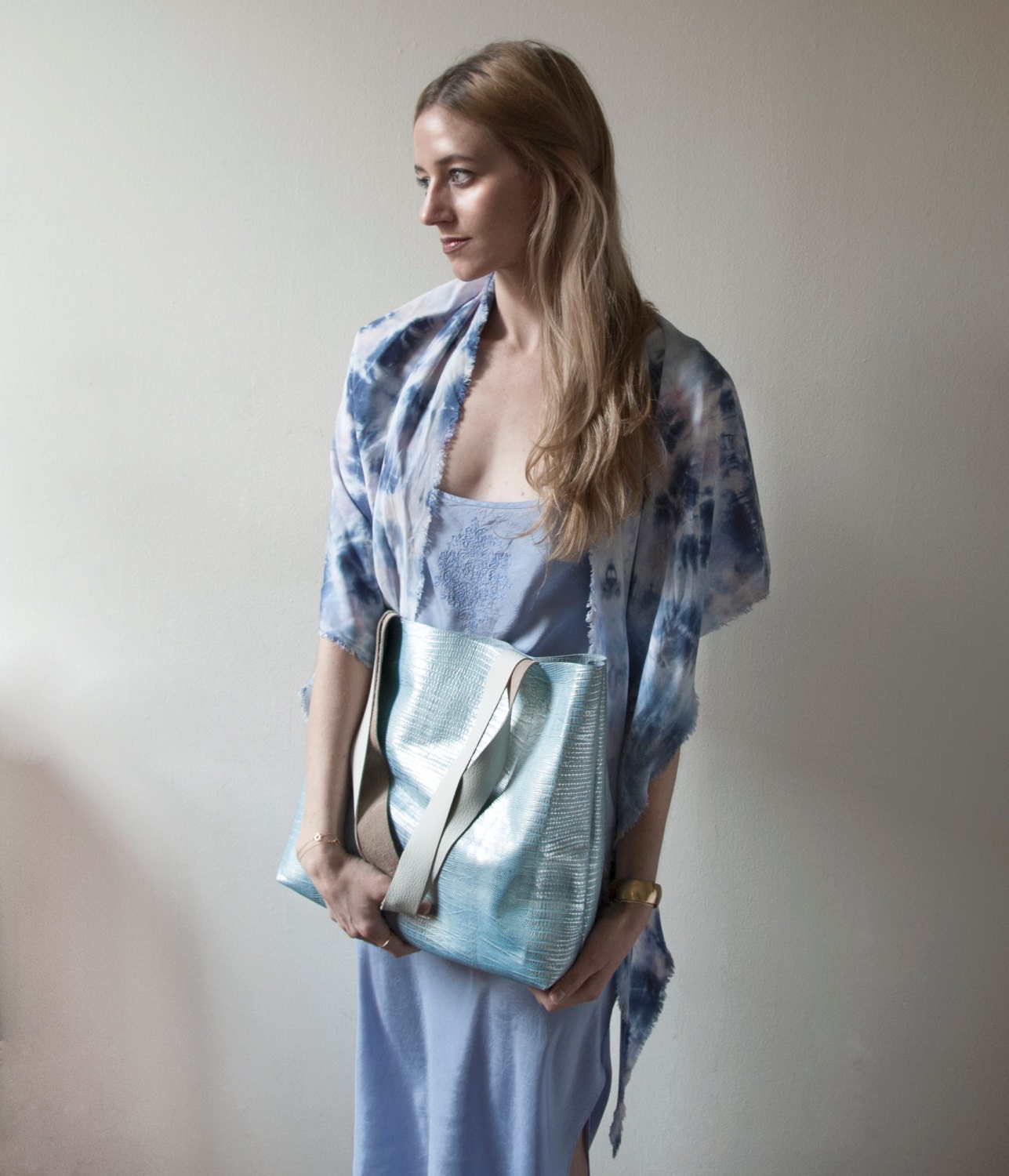 AQUA Silver Leather Tote. Essential Tote. Leather Market Tote.