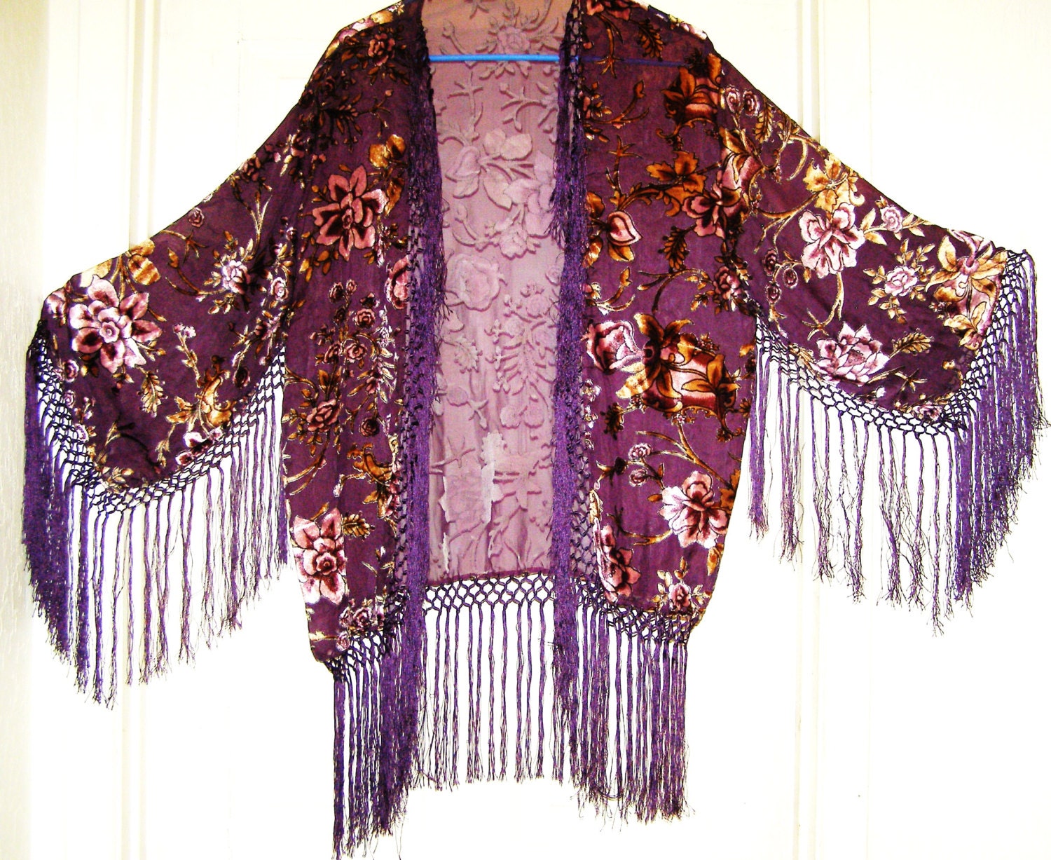 Vintage Aubergine Plum boho silk burnout velvet fringed kimono
