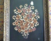 Vintage Wall Hanging Dried Flowers in an Old Wood Frame with Butterfly Signed