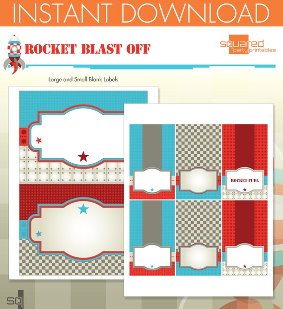 Spaceship Rocket Ship Birthday Party Printables - Blank Party Labels - DIY Print - Blast Off - Instant Download Il_570xn