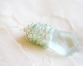 Pale Aqua Blue Recycled Glass Wire Wrapped Seed Bead Necklace Pendant