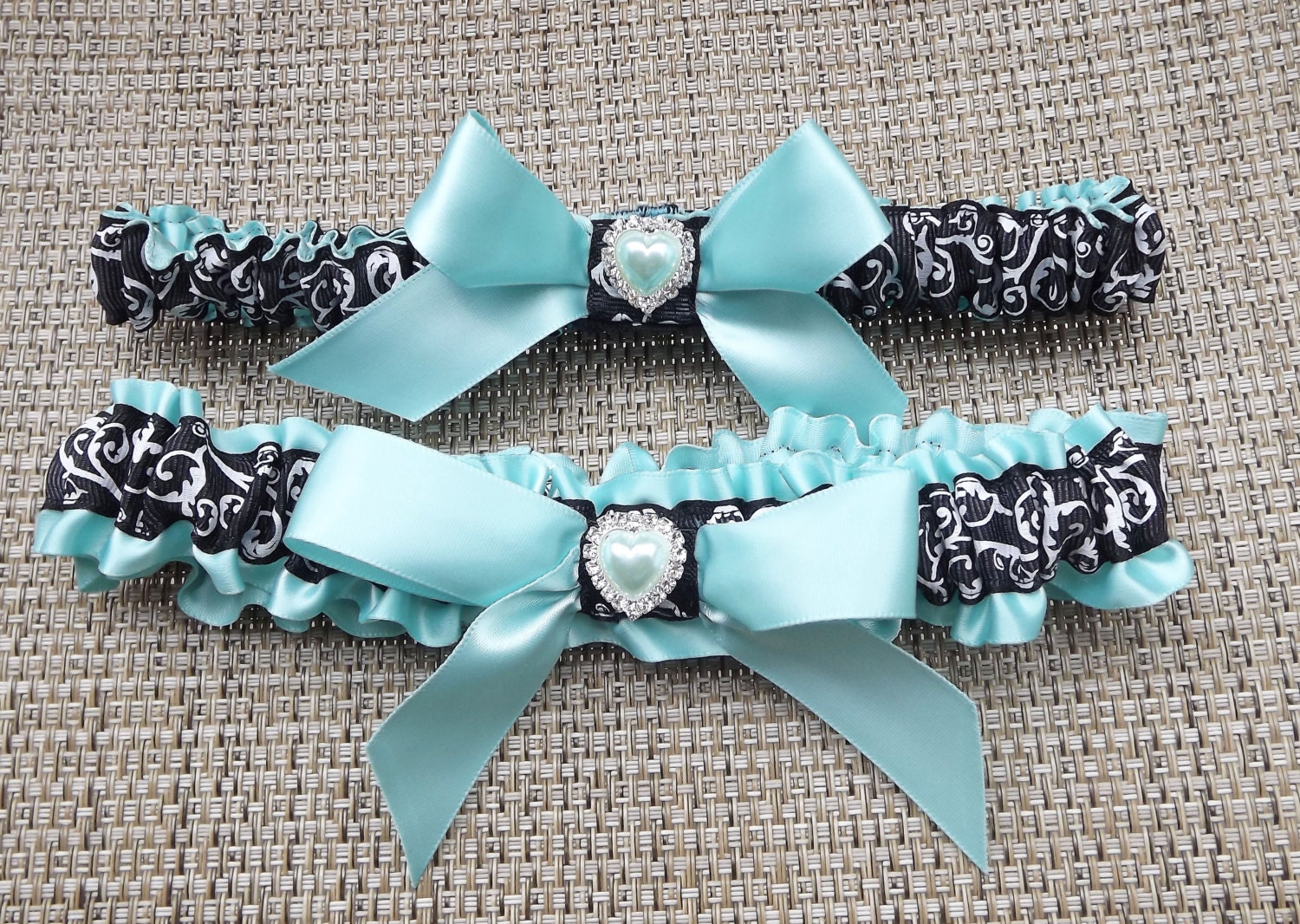 Tiffany Blue and Damask Wedding Garter Set,  Damask Bridal Garter Set