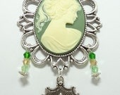 Victorian Cameo Necklace with Swarovski Crystals, Fleur de Lis, Heart and Diamond Charms - On A Triple Green Ribbon