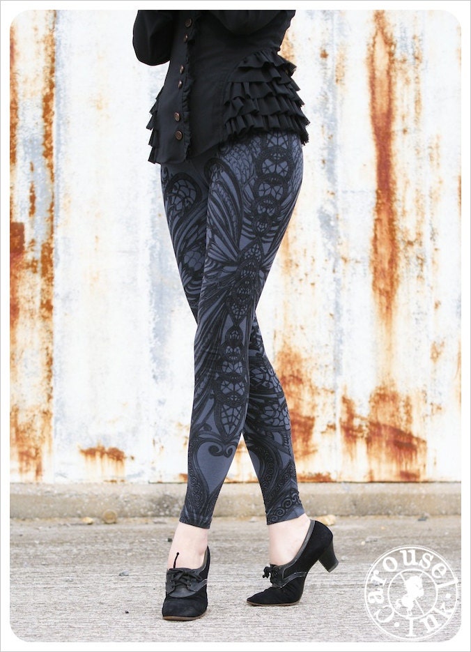 Filigree Art Nouveau Leggings by Carousel Ink - Steel Blue Tights - Printed Womens Legging - LARGE